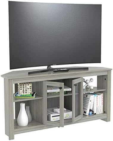 InvalAdjustable Storage Shelves, Smoke Oak Corner Stand for Flat Screen TVs Up to 60”, Entertainment Center with Glass Doors
