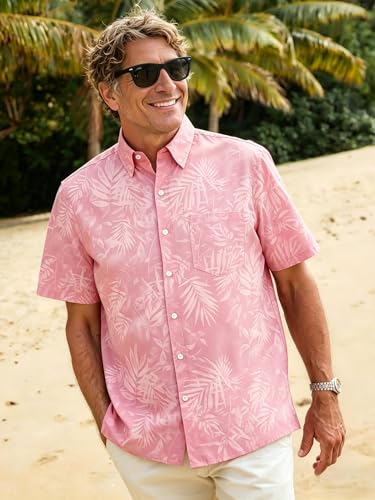 JEMLDL Men's Hawaiian 2 Piece Sets Short Sleeve Shirts Matching Linen Shorts Outfits Summer Beach Casual Clothes Pink Leaf Print XXL — view 6
