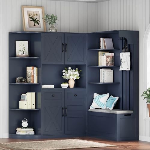 Multifunctional Hall Tree with Shoe Bench & Storage Cabinet,2-in-1 Left-Right L-Shaped Corner Entryway Cabinets with Coat Rack & Open Shelves,Modern Storage Organizer for,Living Room (Antique Blue)