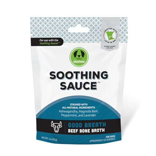Image of Stashios Soothing Sauce Beef Bone Broth Good Breath Powder Supplement for Dogs, All Natural Anxiety Relief, Made in The USA, 3 oz