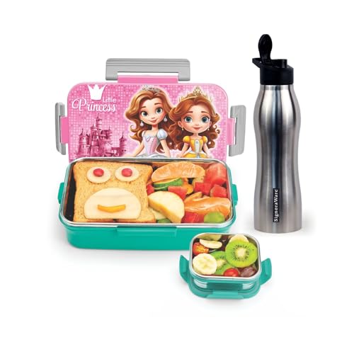 Image of SIGNORA WARE Delight C Nugget Stainless Steel Printed Lunch Box Set for Kids | Airtight Lid with Clip Lock | Compact & Sleek Size | Great for Picnics & Outdoors (700ml + 130ml + 750ml Bottle | Pink)