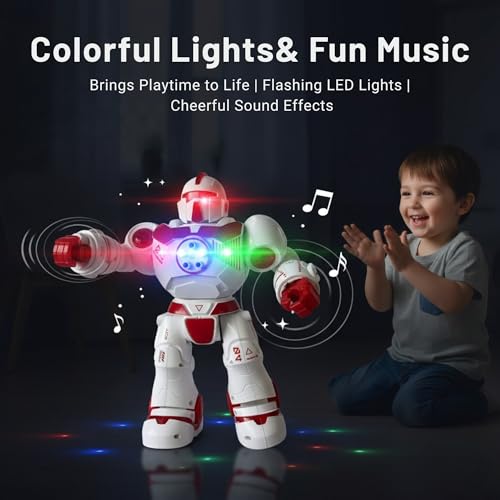 Image of Lilplay Robot Toy for Kids with Shooting Bullets, Action Robot with Lights & Music, 360 Moving Battery Operated Toy Figure with AI Eyes, Birthday Gift for Boys & Girls (Red)