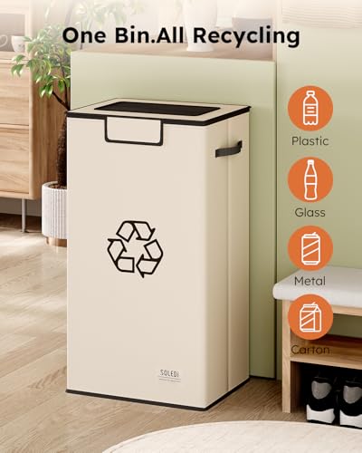 Image of SOLEDI Recycling Bin for Kitchen,26 Gallon Large Recycle Bin with Lid and 2 Removeable Reusable Inner Bags,Indoor Recycling Trash Can for Collector of Bottles Cans, and Plastic,Beige