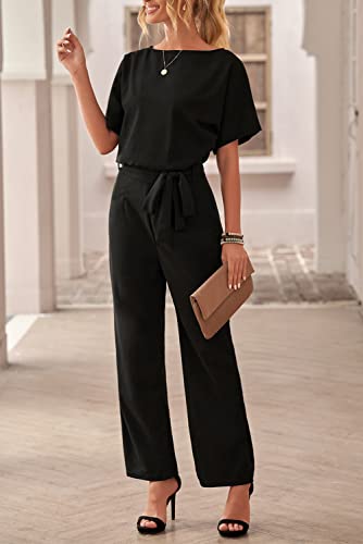 Addkaka Womens Crew Neck Short Sleeve Jumpsuits One-Piece Tie Waist Long Jumpsuits Black Large #TOP2