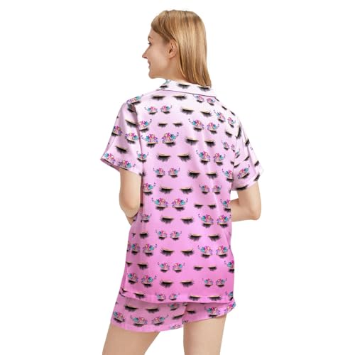 Image of Silk Satin Pajama Set for Women Summer Lounge Pjs Sets 2 Piece Suit Ladies Button Down Tops And Shorts Sleepwear