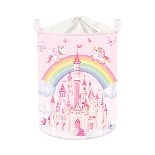 HUUMONSS Rainbow Animals Baby Laundry Hamper Collapsible Clothes Kids Storage Basket Large Girls Gift Toy Box Bin for Bedroom, Castles, 63L