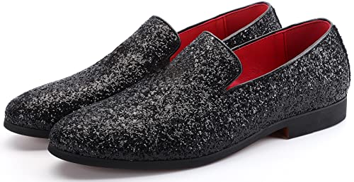 Haza Pairs Mens Smoking Sparkling Slipper Metallic Sequins Textured Glitter Tuxedo Slip-On Prom Loafers Luxury Wedding Dress Shoes #TOP4