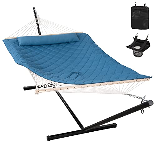ANOW Double Hammock with Stand Included, Rope Hammock with Detachable Pillow and Pad for Outdoors Indoors, 450 LBS Weight Capacity, Blue