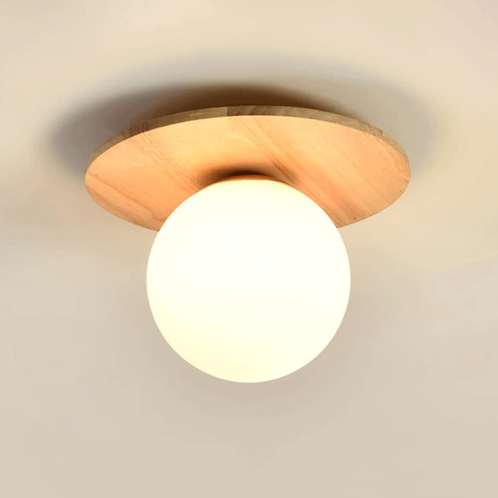 NHPJFDC Modern Wood and Glass Flush Mount Ceiling Light, 24cm Round Ceiling Lamp Fixture, G9 LED 7W Lighting for Hallway, Entryway, Natural Wood Color, 19cm Height