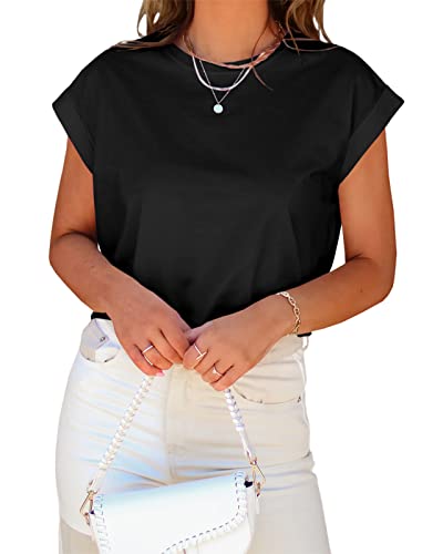 Image of Tankaneo Womens Short Sleeve Cropped T-Shirts Summer Rolled Dolman Sleeve Crop Tops Casual Round Neck Solid Short Basic Tees