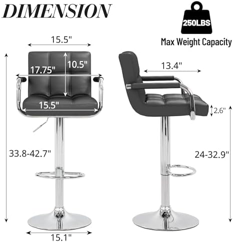 Black Faux Leather Bar Stools Set of 4, Square Armrest Counter Bar Chairs Detail