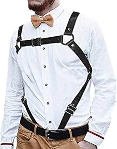 Black Leather Chest Harness Chain Belt Punk Body Shoulder Straps Ring Adjustable Buckle for Men Clubwear Costume