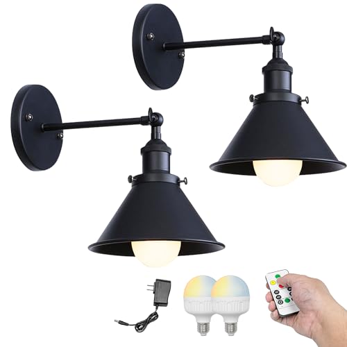 Image of Kiven Battery Operated Wall Sconces Set of 2,Vintage Wall Lights with Rechargeable Bulb, Dimmable Wall Lighting Fixtures for Painting Bedside Vanity Desk, Bronze Finish