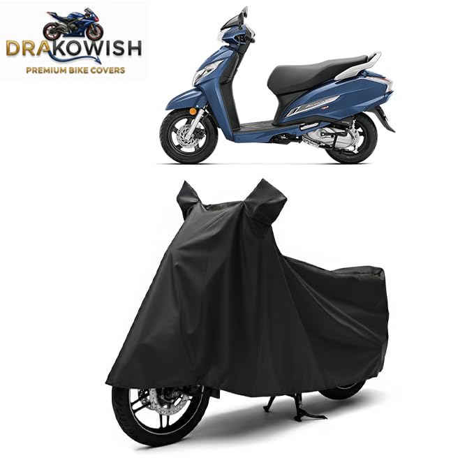 Image of DRAKOWISH Waterproof Scooty Cover for Honda Activa 125 | All Weather Protection from Rain, Dust, Heat & Scratches with Mirror Pockets & Buckle Belt | Activa Scooty Cover | Black