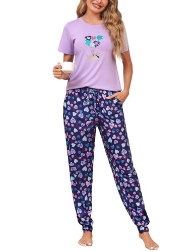 Bresdk Pigiama Donna Cotone Manica Corto Pantaloni da Pigiama Lunghe Lovable Due Pezzi Estivo Palloncino Viola M
