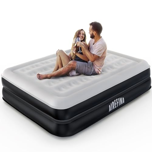 Airefina Deluxy Queen Air Mattress, Inflatable Air Bed with Built-in Electric Pump, Double-High Guest Airbed in 3 Mins Self-Inflation/Deflation, Flocked Top Blow Up Bed for Home Camping 203x152x41cm
