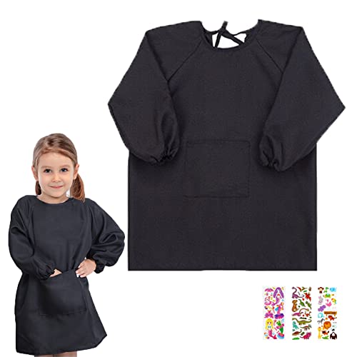 IWTBNOA Tablier Peinture Enfant, Blouse en Polyester pour Enfant, Enfant Imperméable Tablier, Tablier d'Artistes Réutilisable avec Grande Poches et Manches Longues pour Peinture L'école (Noir) Cover