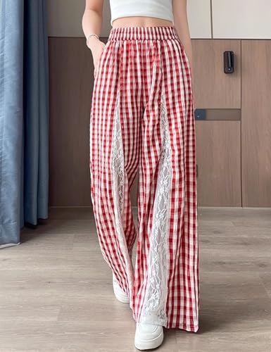 Womens Plaid Wide Leg Pants Lace Patchwork Gingham Pants High Waist Palazzo Lounge Trousers with Pockets3