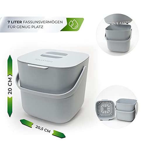 YourCasa® Komposteimer - 7L - für alltäglichen Biomüll in der Küche - Spülmaschinenfest - geruchsdicht- herausnehmbarer Inneneinsatz - Bio Mülleimer mit Deckel (Hellgrau) - Image 7