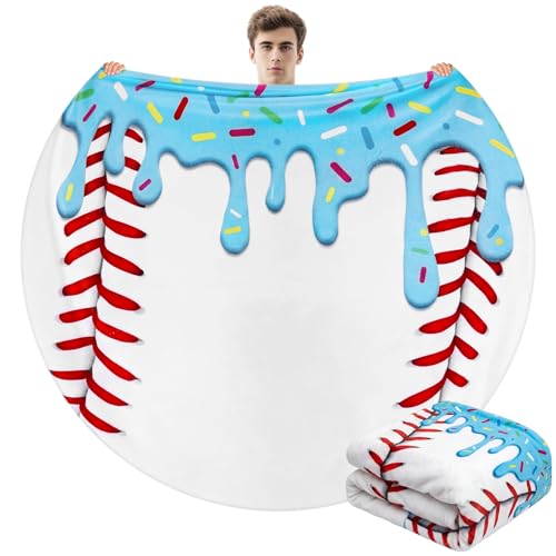 Tigeen 1 Pcs 60 Round Ice Cream Baseball Blanket for Teens Boys Girls Adults Soft Flannel Baseball Ice Cream Drip Stuff Throw for Couch Bed Dorm Room Decor Player Team Senior Night Gifts (Blue)
