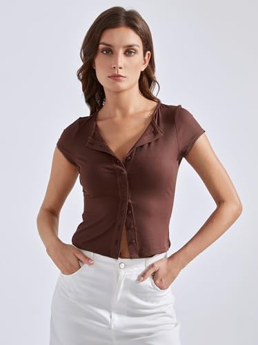 OMKAGI Women Button Down Ribbed Short Sleeve Shirts Fitted Knit Cropped Cardigan Sweaters4