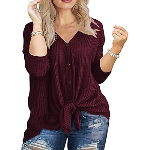 OLRIK Womens Plus Size Tops Long Sleeve V Neck Waffle Knit Tunic Blouse Tie Front Button Up T Shirts Wine Red-2X Plus Cover