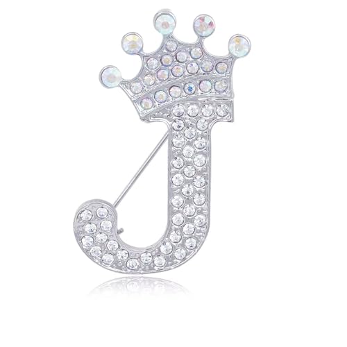 Image of Initial Letter Brooch Pins with Crown for Women Girls Men Boys Personalized Name Brooches Crafts Colorful Rhinestone Brooch Pins Silver A-Z