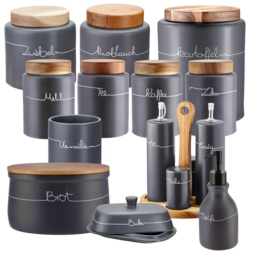 KHG Vorratsdosen Set für die Küche in Anthrazit-Grau mit Holz-Deckel, Vorratsdosen Keramik Steingut poliert, mit Beschriftung, Aufbewahrung Küche Organizer Set, plastikfrei & lichtgeschützt