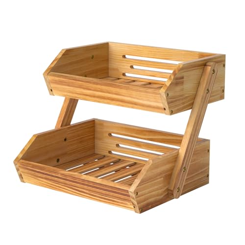 CALM COZY Cesta De Frutas, Cesta De Frutas De Madera Pino De 2 Niveles para La Cocina, Cesta De Almacenamiento De Frutas para El Pan, Estante Madera para Verduras