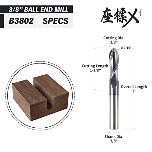Image of ZahyoX 3 /8 inch Ball Nose End Mill, TiAlN Coated Solid Carbide Upcut Spiral CNC Router Bit, 3 /8 inch Diameter, 3 /16 inch Radius, 1-1 /8 inch Cutting Length, 3 inch Overall Length, 2 Flutes, CNC Cutter Milling Tool