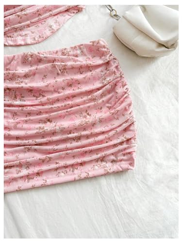 Verdusa Women's 2 Piece Outfits Floral Print Ruched Crop Tank Top and Bodycon Skirt Set4