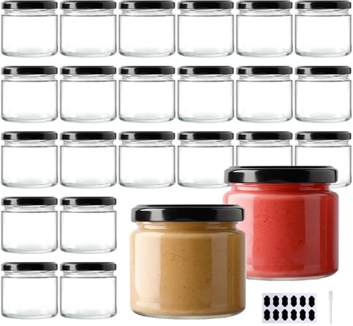 YBCPACK Lot de 24 pots à confiture en verre 150 ml avec couvercle à vis – Bocaux à confiture hermétiques et réutilisables, compatibles lave-vaisselle, avec...