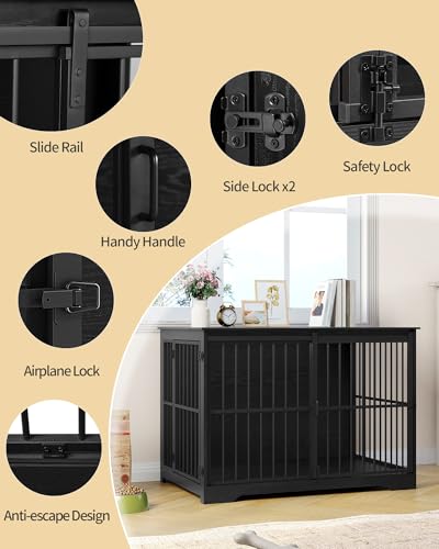 Hzuaneri Hundekäfig Möbel, 110cm Hundebox, 2 Türen, Moderne Hundekäfig Indoor für kleine/mittlere/große Hunde, Beistelltisch, Verstärkte Schiebetür, 110 × 65 × 81 cm, Schwarz DFC84404B