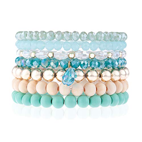Image of RIAH FASHION Bohemian Multi-Layer Beaded Stacking Statement Bracelets - Versatile Stretch Strand Wood Beads Wrap Slip-on Cuff Bangle Set