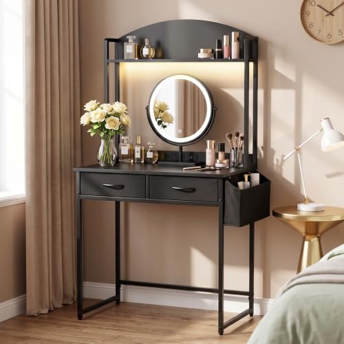 31.5" Small Vanity Desk with Storage, Power Outlets and 2 Fabric Drawers - image 1