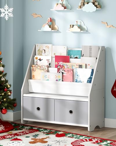 Image of CHOEZON Kids Bookshelf and Toy Storage, 4 Tier Large Capacity Kids Book Rack, Sling Kid Bookcase, for Kids Room, Nursery, Playroom, White and Gray MCW06WT