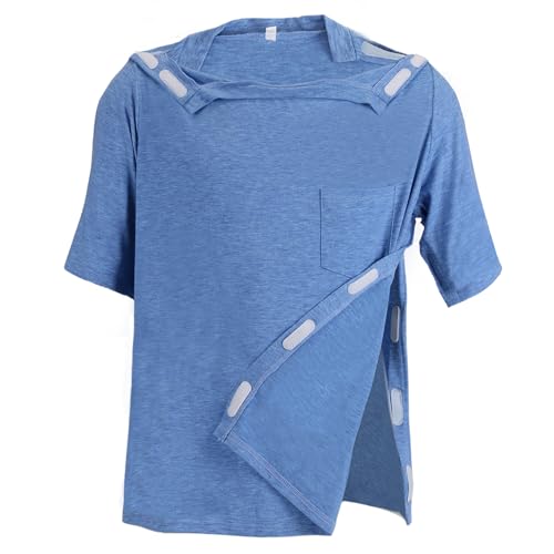 Image of Unisex Post Shoulder Surgery Shirts Recovery Tear Away Short Sleeve Chemo Clothing with Stick On Fasteners, Convenient