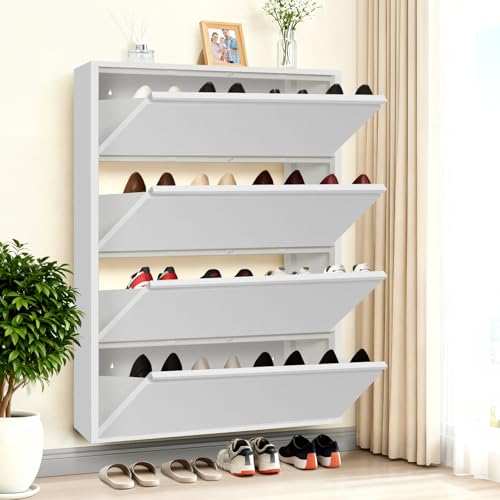 iCHENGGD Shoe Storage Cabinet with 4 Flip Drawers, Hidden Slim Narrow Shoe Rack Cabinet, Wall Mount Metal Shoe Cabinet for Entryway, White