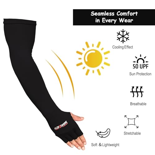 Image of Allextreme Full Arm Sleeves with Thumb for Riders UV Sun Protection Sweat Absorbing Quick Dry Hand Cover for Men & Women Sport Biking Hiking Cycling Running Protective Bike Riding Gear (Black, 1 Pair)