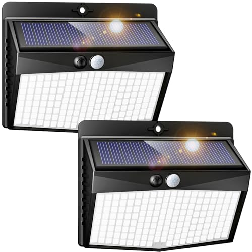 Peasur Solar Lights Outdoor Garden, Upgraded Wireless 168LED Solar Security Lights Motion Sensor, IP65 Waterproof Solar Powered Wall Lights with 3 Modes for Yard, Door, Fence, Garage (2 Pack)