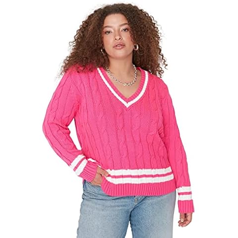 Trendyol Suéter Relajado de Talla Grande con patrón geométrico, Rosa Cover