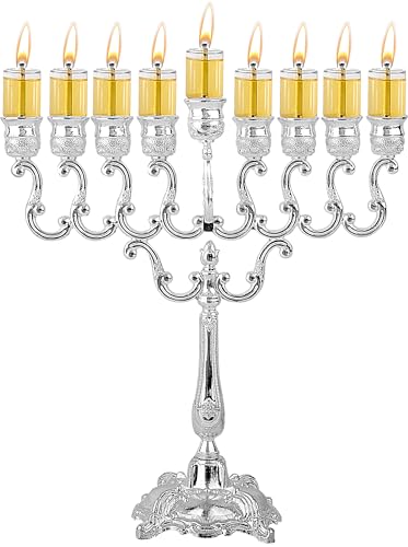 Ner Mitzvah Silver Plated Oil Menorah Use with Standard Chanukah Oil Cups and Large Candles Olive Branches 10 inch High