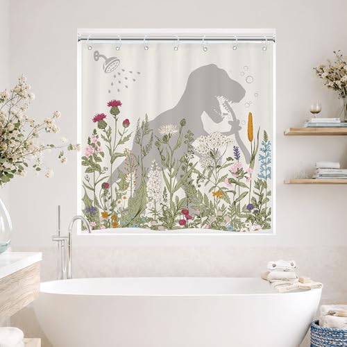 Image of Dinosaur Short Small Kids Boys Wildflower Funny Bathroom Shower Curtain Set