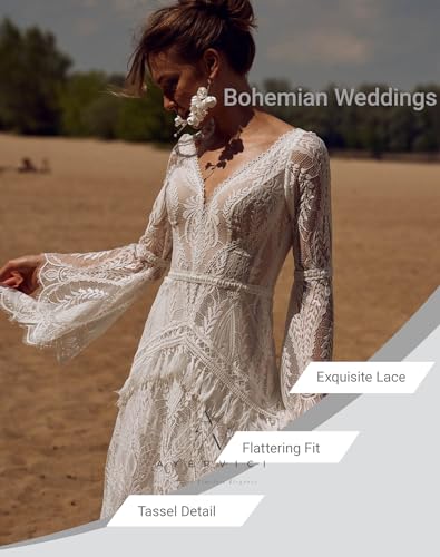 Women Beach Lace Wedding Dress V Neck Long Bell Sleeves Low Back Tasseled Boho Tasseled Formal Bridal Gowns2