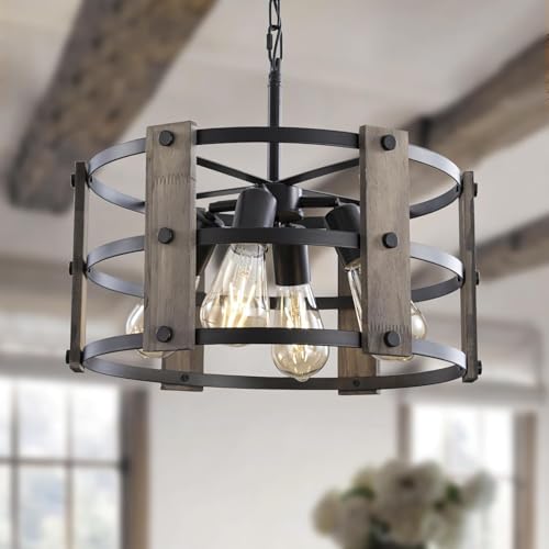 Rustic Farmhouse Chandelier, 4 Lights Pendant Lights Fixture, Adjustable Height, Grey Vintage Wood Hanging Pendant Lighting for Entryway Kitchen Island Foyer Dining Room Living Room Bedroom