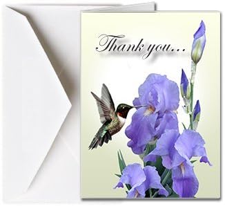Funeral Memorial Service Thank You Cards with Envelopes (25 Count) FTKC1188 Hummingbird and Iris Flower (Blank - You print your own verse)