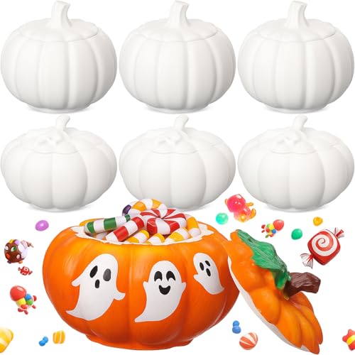 Zubebe 6 Pcs Ceramics to Paint Pumpkins Jar with Lid Bulk Paint Your Own Ceramic Pumpkin for Painting Unpainted Sugar Candy Jar Storage Canister Bisque DIY Craft for Halloween Thanksgiving