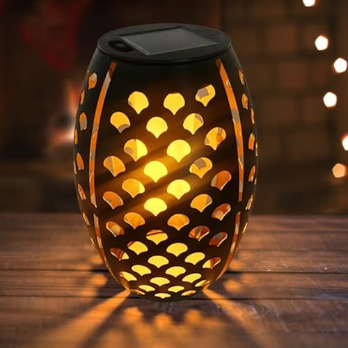 2PCS Solar Table Lanterns with Flickering Flame Light Outdoor Waterproof, Metal Desktop Decorative Lamp with Hollow Design for Tabletop Garden, 7.3