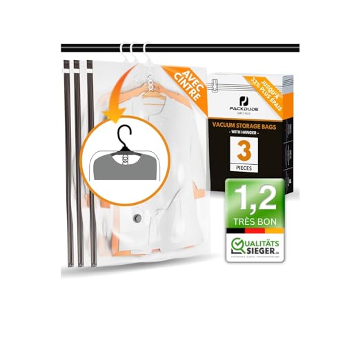 PACKDUDE Sac Rangement Sous Vide Aspirateur à Suspendre (avec Crochets) I 3 PIECES I Taille XL: 100x70cm I Sac Sous Vide Vetement Aspirateur pour Vestes, Manteaux I...
