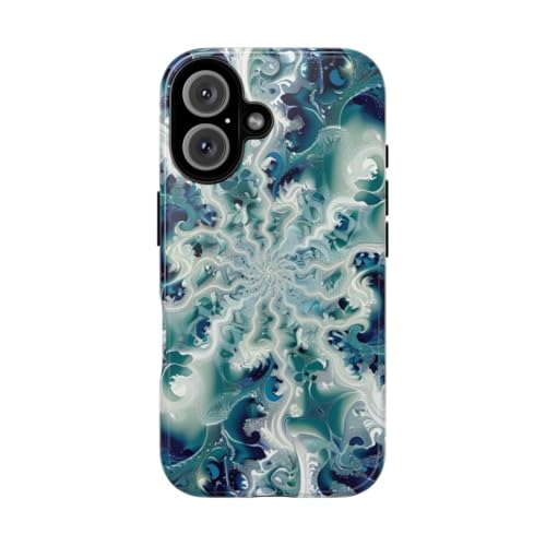 Coque iPhone 16 motif fractal bleu vert au bureau comme en soirée avec cette coque brillante